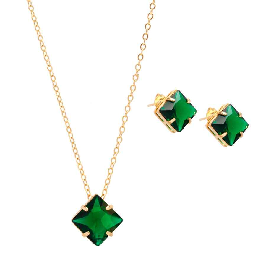 CONJUNTO CRISTAL VERDE BANHADO EM OURO 18K - CONJ807