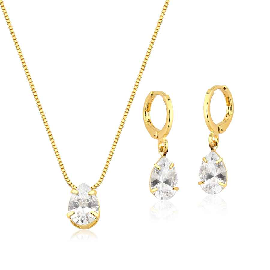 CONJUNTO GOTA TRANSPARENTE BANHADO EM OURO 18K - CONJ814