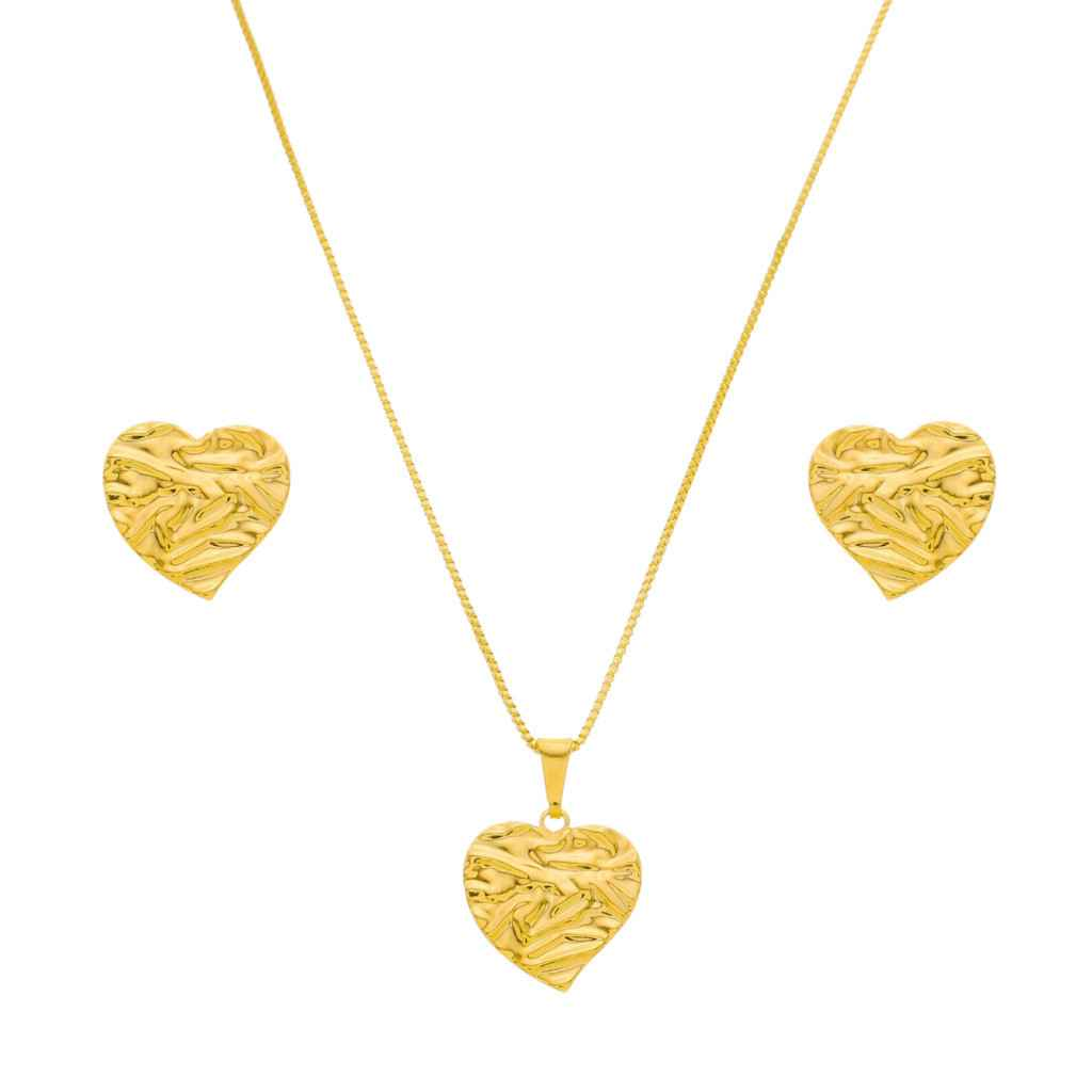 CONJUNTO CORAÇÃO MARTELADO BANHADO EM OURO 18K - CONJ817