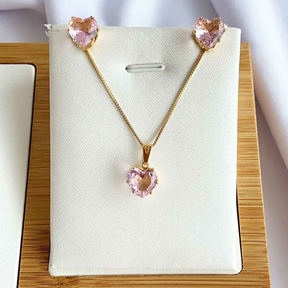 CONJUNTO CORAÇÃO ROSA BANHADO EM OURO 18K - CONJ819