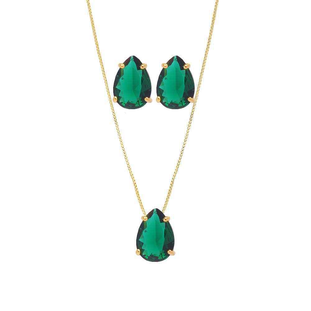 CONJUNTO GOTA VERDE BANHADO EM OURO 18K - CONJ810