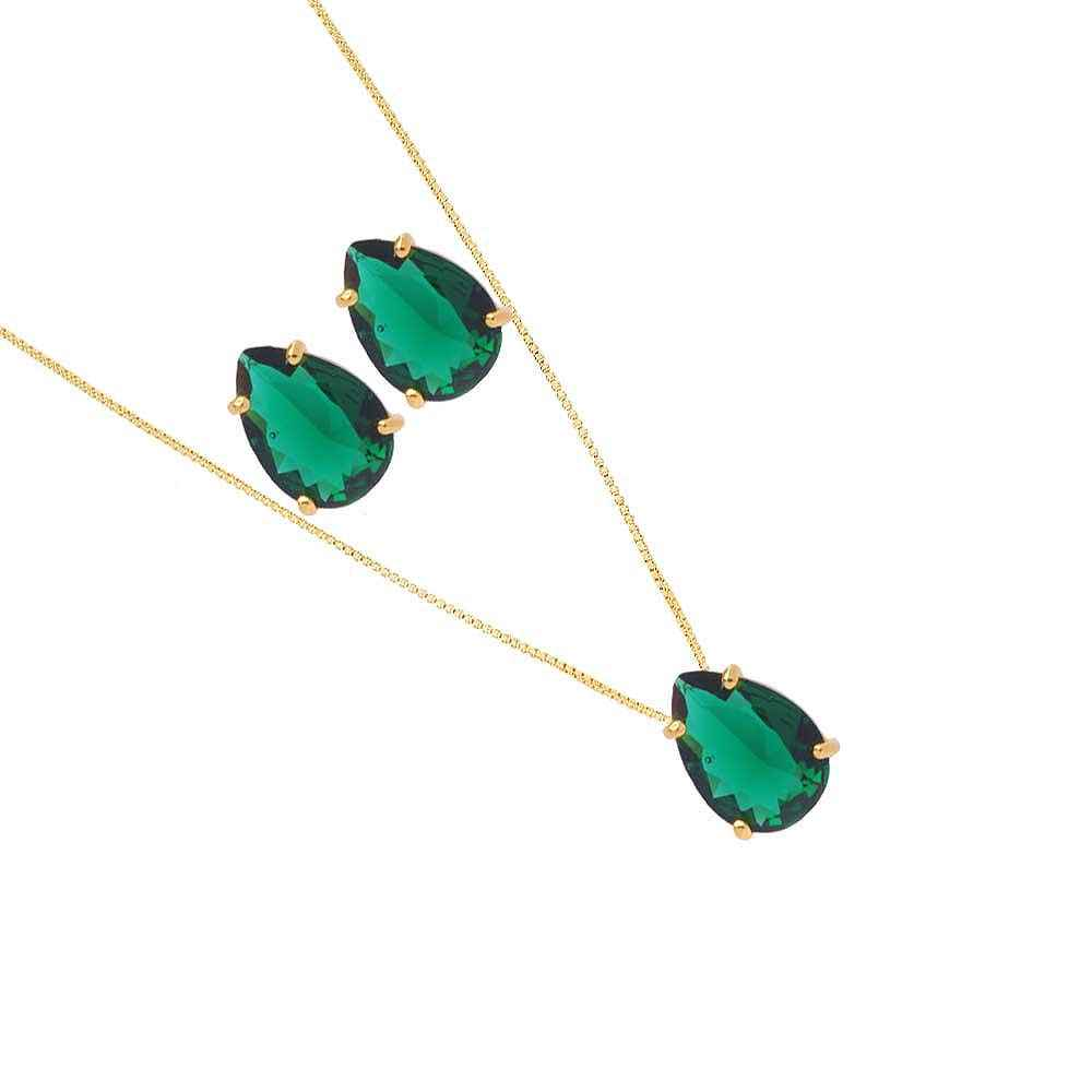 CONJUNTO GOTA VERDE BANHADO EM OURO 18K - CONJ810