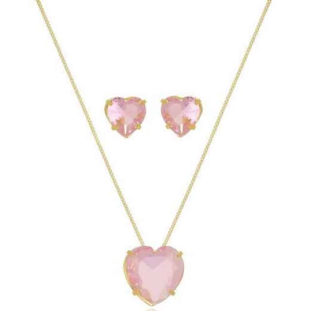 CONJUNTO CORAÇÃO ROSA BANHADO EM OURO 18K - CONJ819
