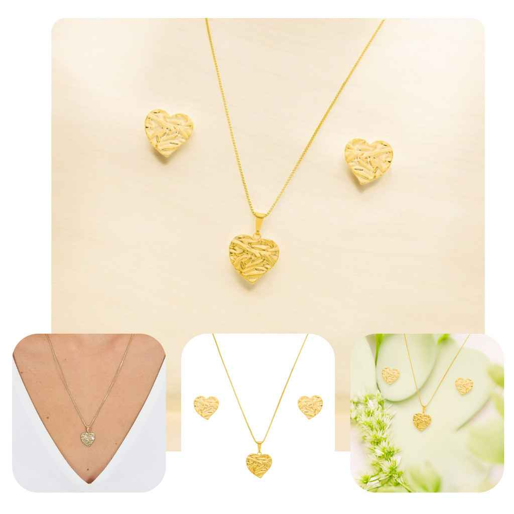 CONJUNTO CORAÇÃO MARTELADO BANHADO EM OURO 18K - CONJ817