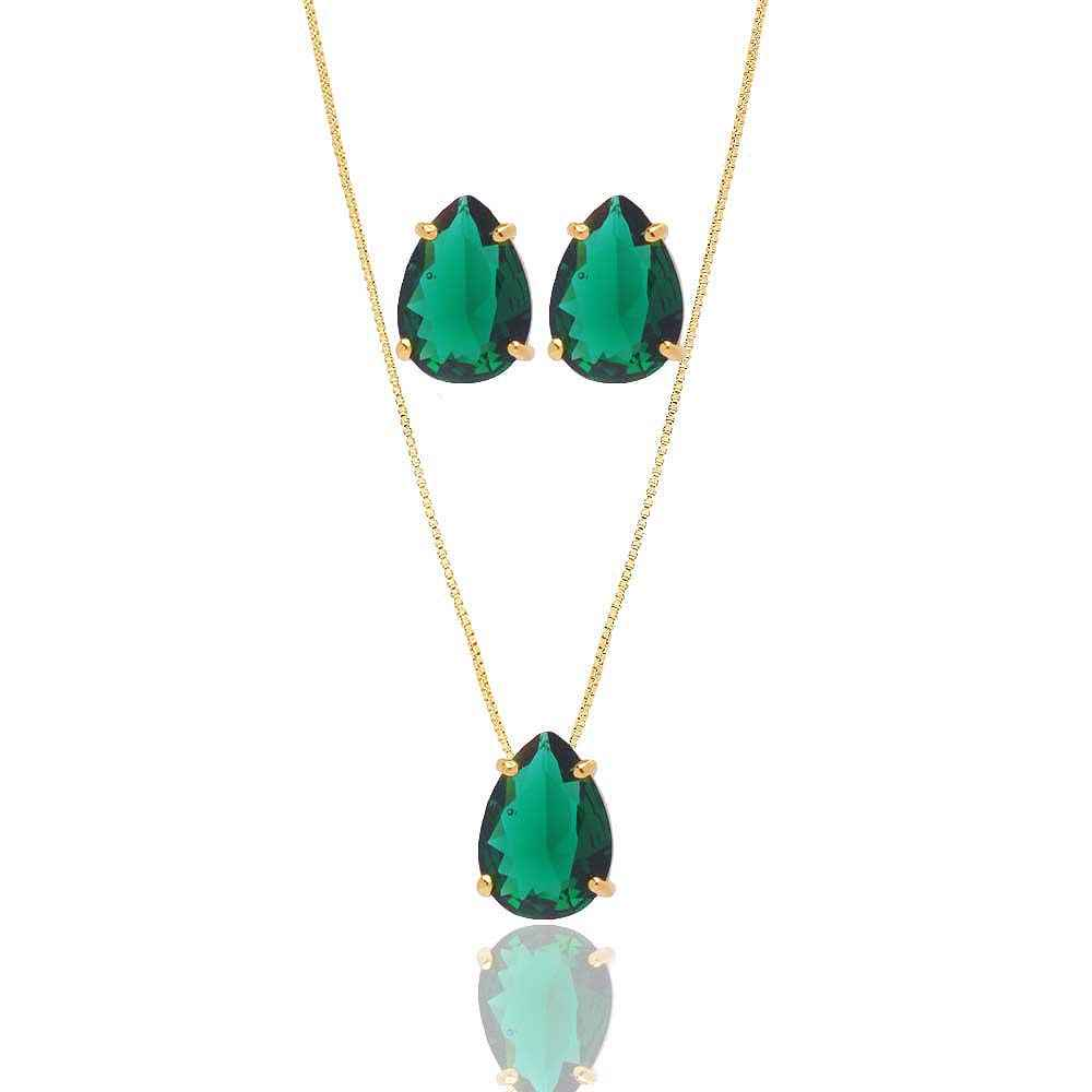CONJUNTO GOTA VERDE BANHADO EM OURO 18K - CONJ810
