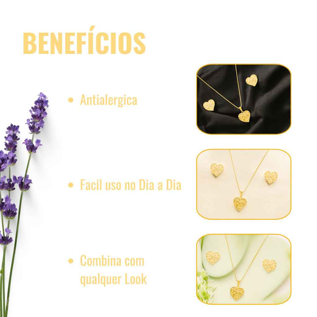 CONJUNTO CORAÇÃO MARTELADO BANHADO EM OURO 18K - CONJ817