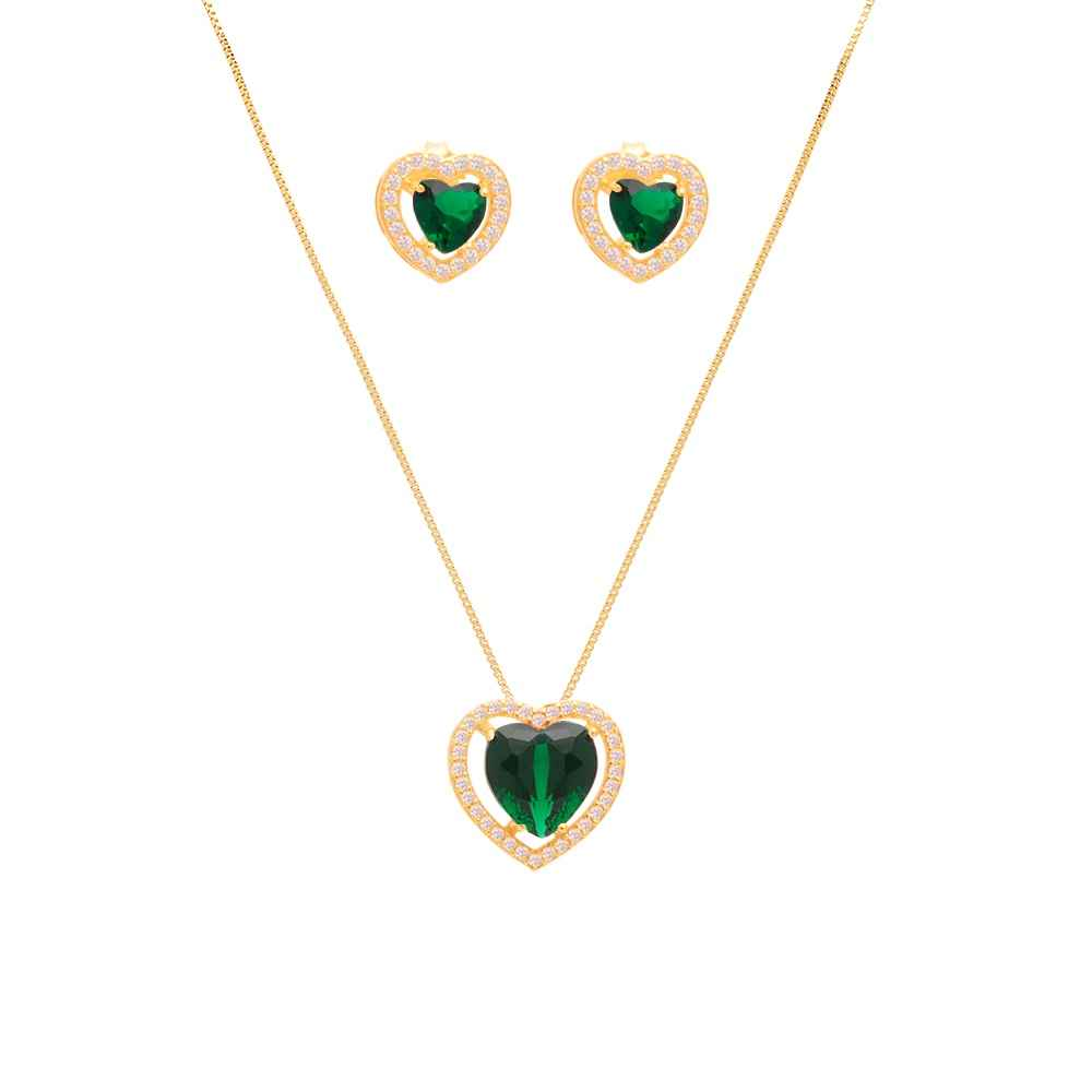 CONJUNTO CORAÇÃO VERDE BANHADO EM OURO 18K - CONJ806