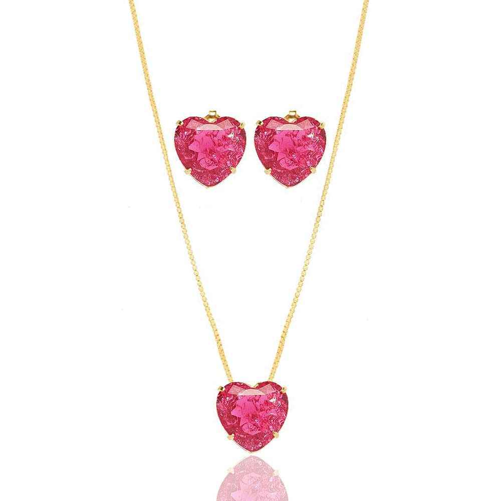 CONJUNTO CORAÇÃO ROSA ESPECIAL BANHADO EM OURO 18K - CONJ808
