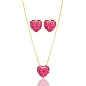 CONJUNTO CORAÇÃO ROSA ESPECIAL BANHADO EM OURO 18K - CONJ808