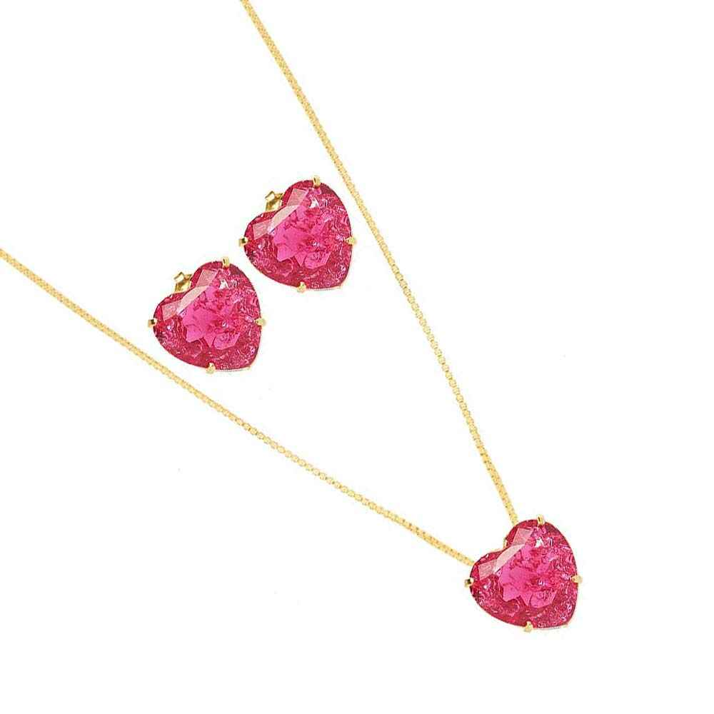 CONJUNTO CORAÇÃO ROSA ESPECIAL BANHADO EM OURO 18K - CONJ808