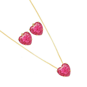 CONJUNTO CORAÇÃO ROSA ESPECIAL BANHADO EM OURO 18K - CONJ808