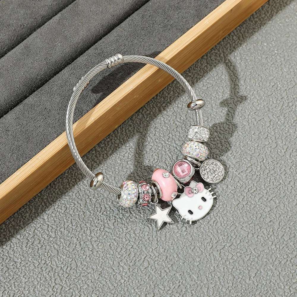 PULSEIRA HELLO KITTY COM BERLOQUES CRAVEJADOS PRATA 925 - PUL260