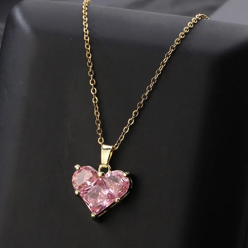 CONJUNTO CORAÇÃO ROSA BANHADO EM OURO 18K - CONJ489