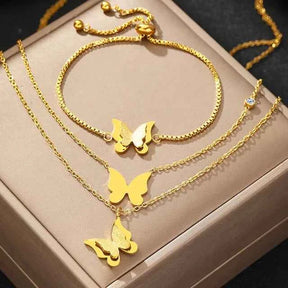 CONJUNTO TRIPLO BORBOLETAS BANHADO EM OURO 18K - CONJ83100