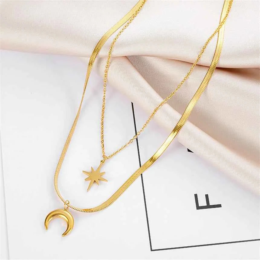 COLAR DUPLA LUA E ESTRELA BANHADO EM OURO 18K - GARGSI178
