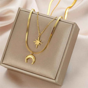 COLAR DUPLA LUA E ESTRELA BANHADO EM OURO 18K - GARGSI178