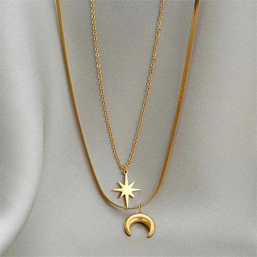 COLAR DUPLA LUA E ESTRELA BANHADO EM OURO 18K - GARGSI178