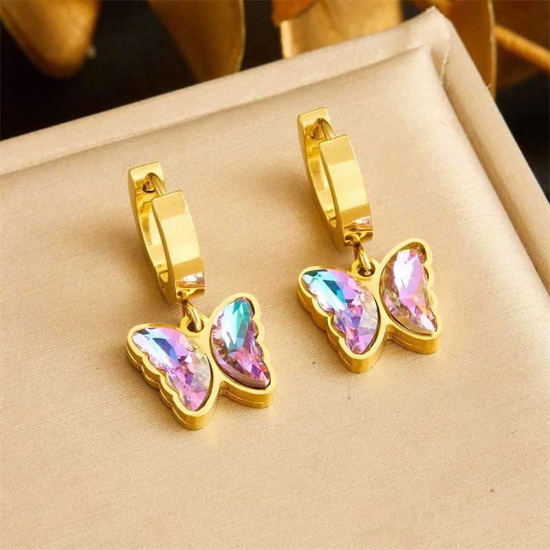 CONJUNTO BORBOLETAS COLORIDAS BANHADO EM OURO 18K - CONJ598