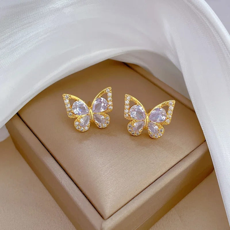 CONJUNTO BORBOLETAS CRAVEJADAS BANHADO EM OURO 18K - CONJ32