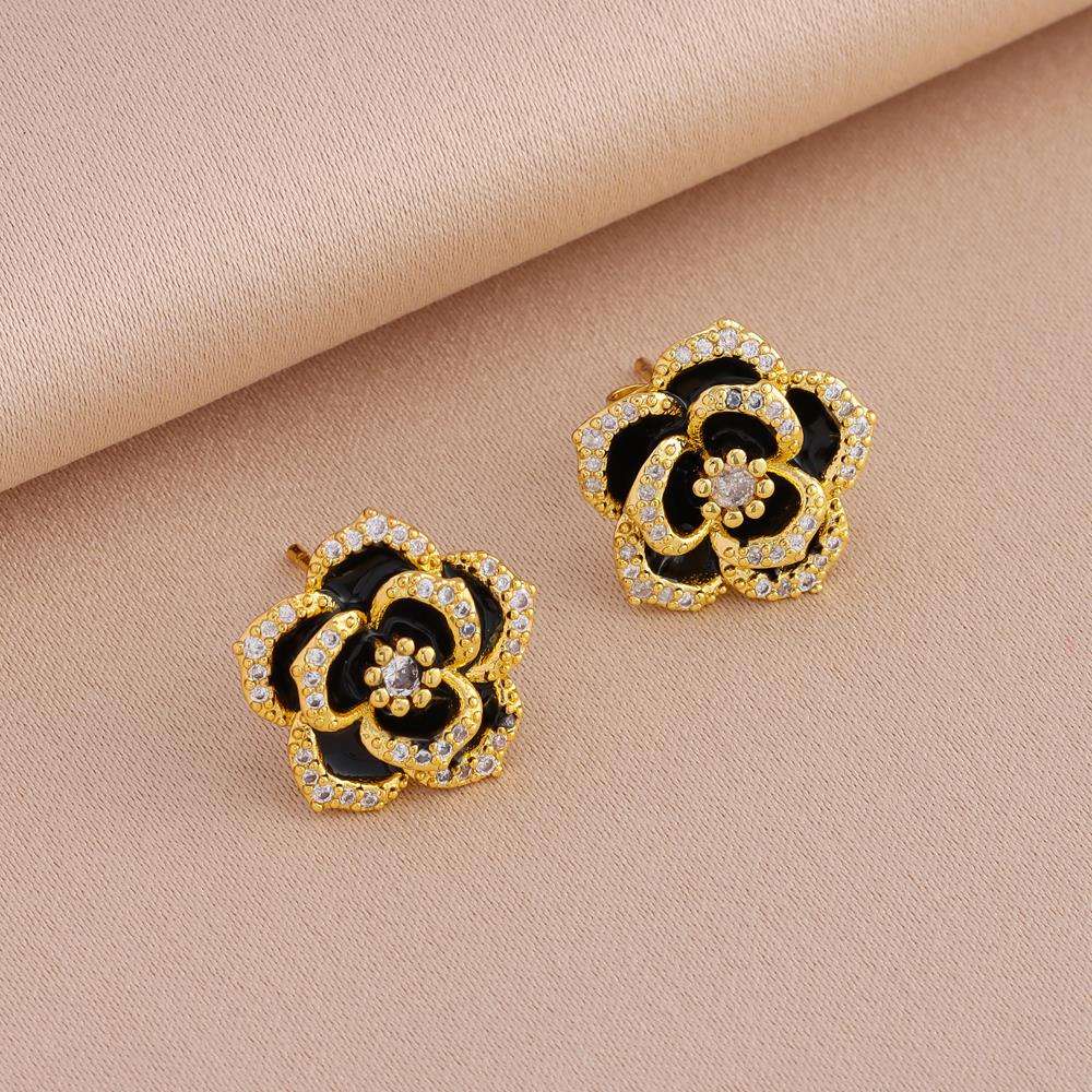 CONJUNTO ROSA NEGRA BANHADO EM OURO 18K - CONJ360