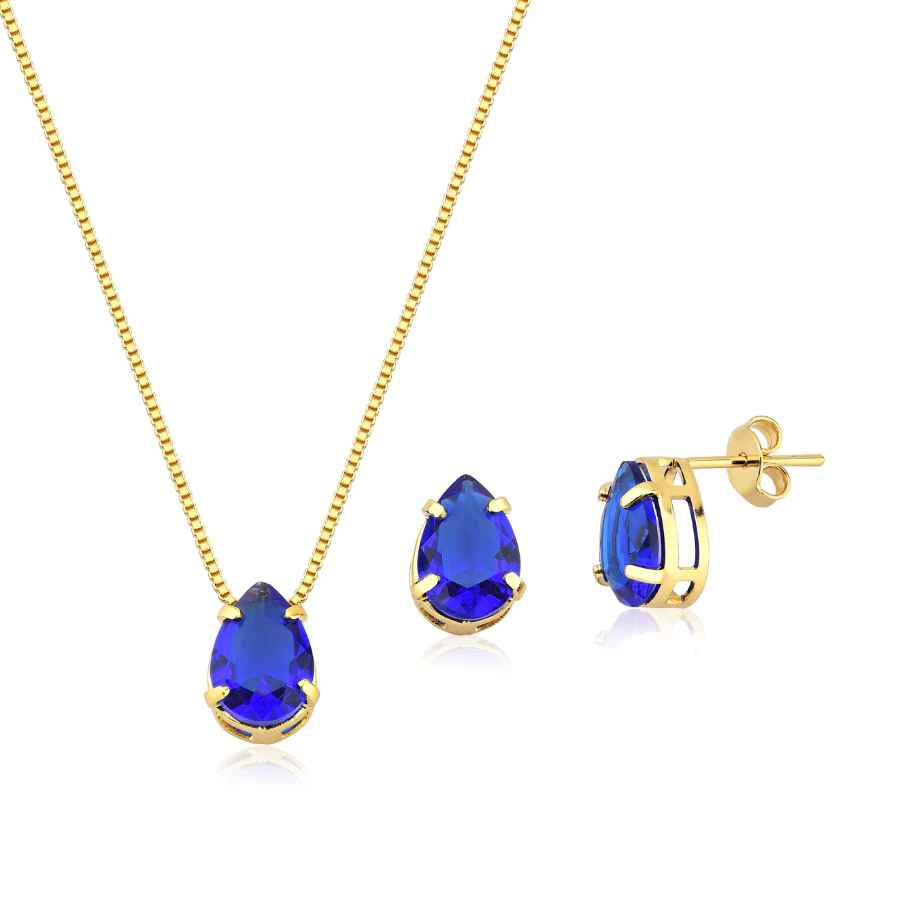 CONJUNTO GOTA AZUL BANHADO EM OURO 18K - CONJ257