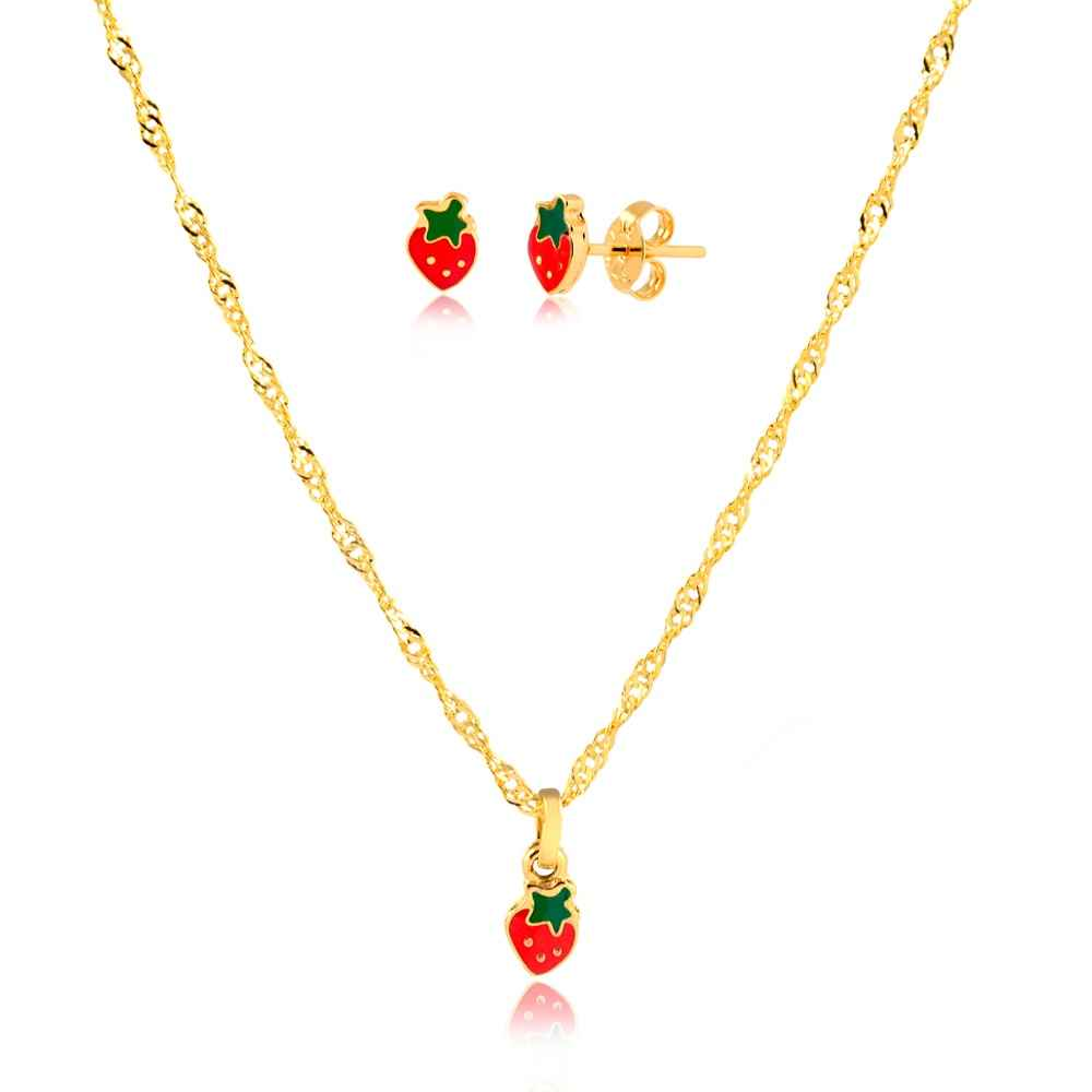 CONJUNTO MORANGUINHO BANHADO EM OURO 18K - CONJ826